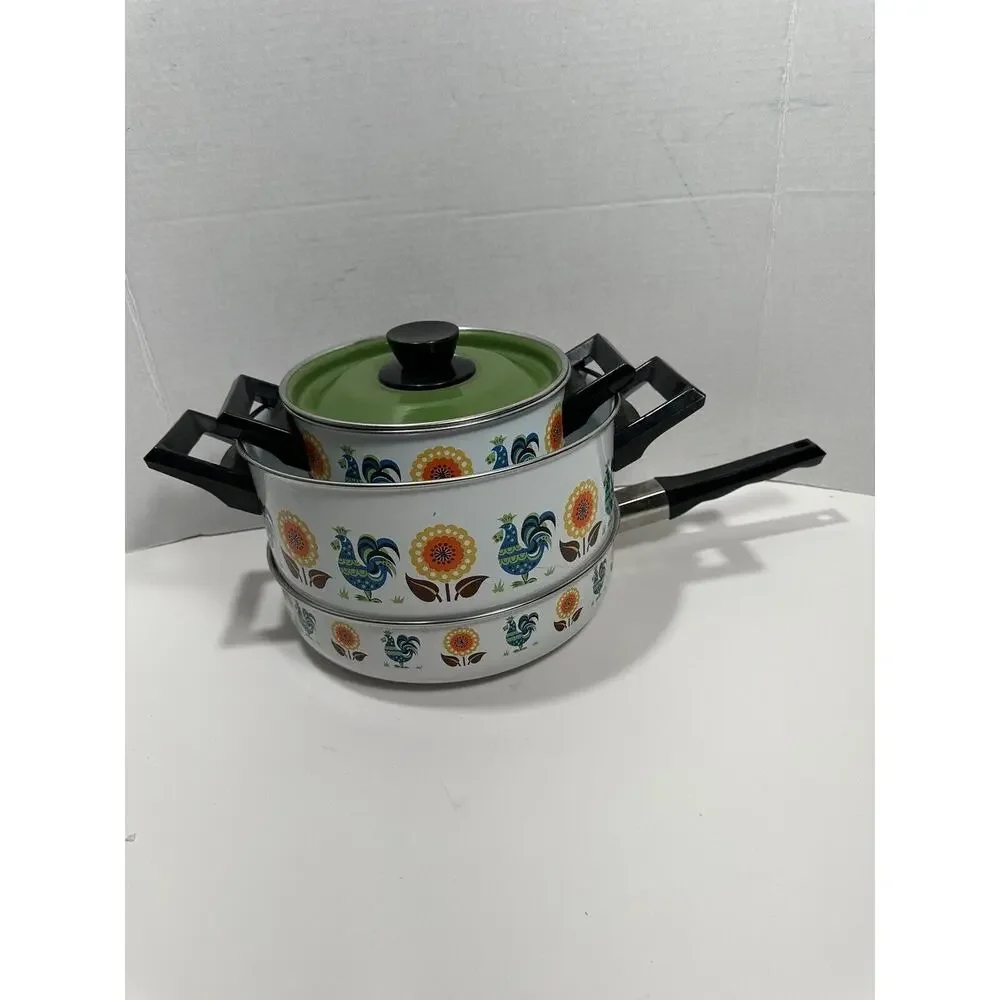 Vtg Lot 3 Enamel Stock Pots Rooster & Poppy Flower‎ 60s 70s Saucer Fry MCM RARE